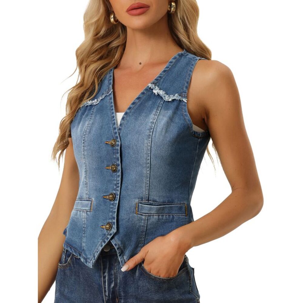 Denim Vest Sleeveless V Neck Washed Distressed Jean Jacket Sky Blue